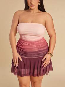 SHEIN BAE Plus Size Women Gradient Strapless Shorts Jumpsuit With Mesh Overlay - Multicolor - View 7