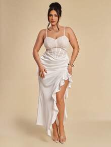 SHEIN BAE Plus Size Women's Elegant White Summer Wedding Silky Satin Maxi Dress,Contrast Lace Corset Bodice,High Slit Ruffle Hem,Spaghetti Strap Party Gown - Multicolor - View 2