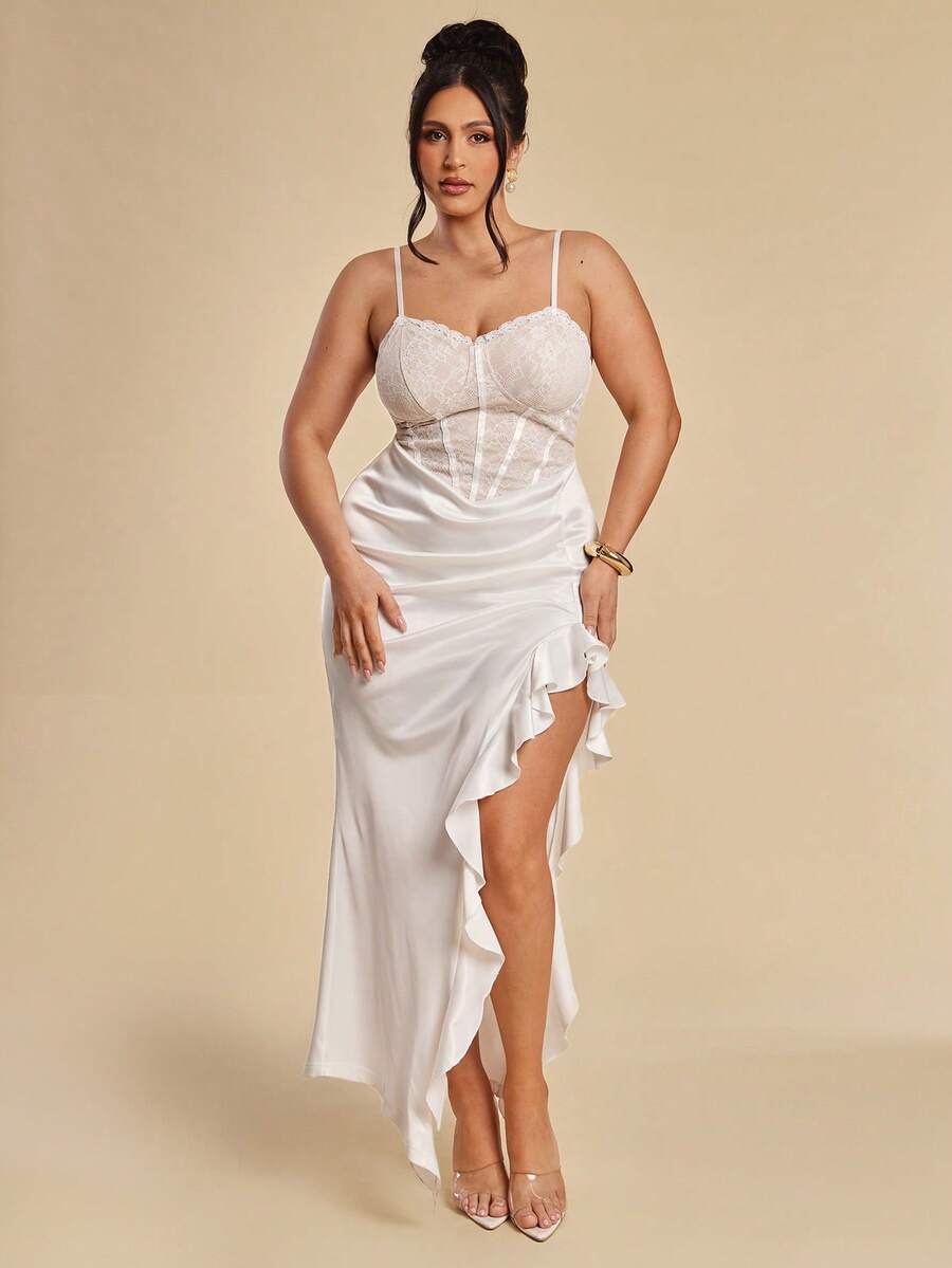 SHEIN BAE Plus Size Women's Elegant White Summer Wedding Silky Satin Maxi Dress,Contrast Lace Corset Bodice,High Slit Ruffle Hem,Spaghetti Strap Party Gown
