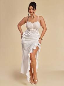 SHEIN BAE Plus Size Women's Elegant White Summer Wedding Silky Satin Maxi Dress,Contrast Lace Corset Bodice,High Slit Ruffle Hem,Spaghetti Strap Party Gown - Multicolor - View 6