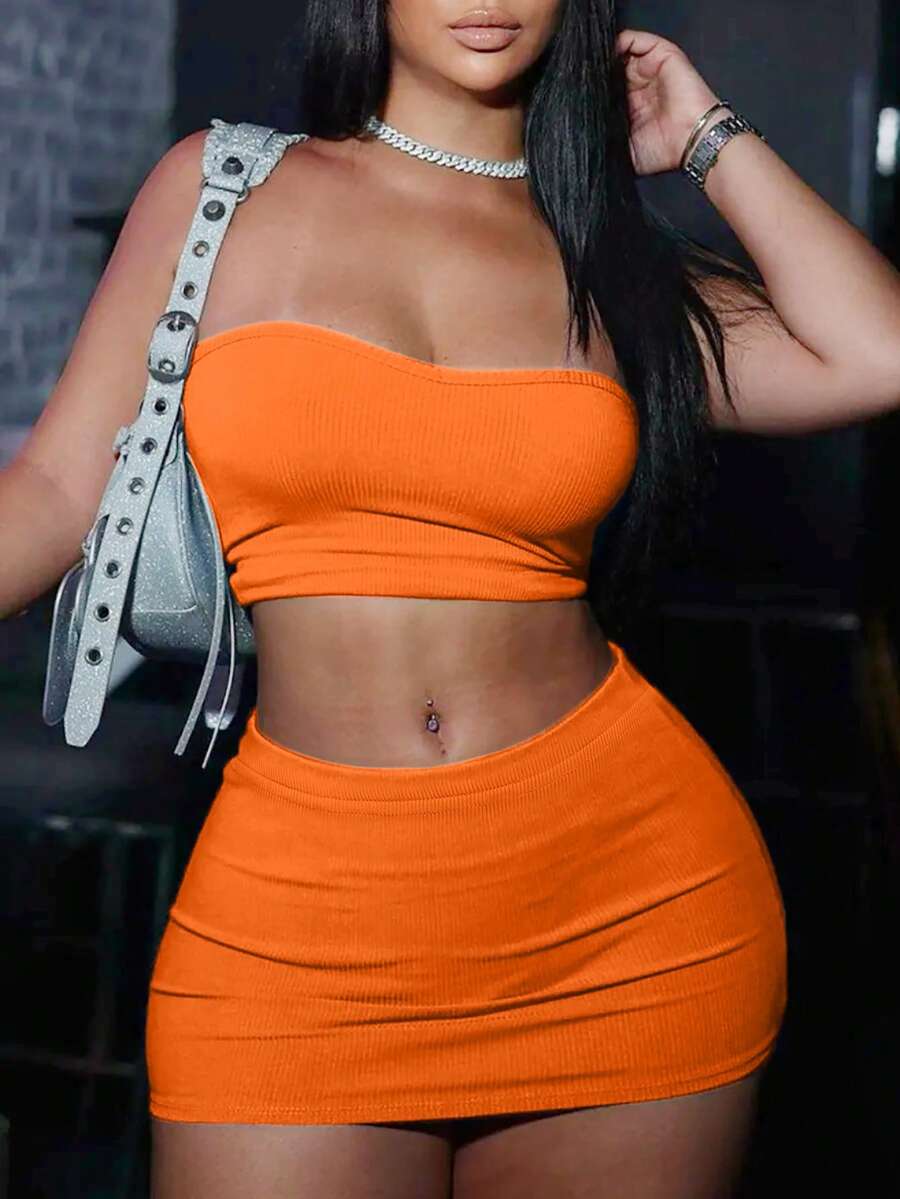 INAWLY Conjunto de 2 piezas de top tubo y minifalda de unicolor para mujer - Naranja - Ver 1