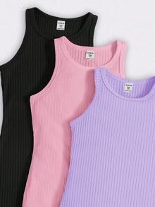 SHEIN Kids 3pcs/Set Teen Girl Solid Color Knit Round Neck Sleeveless Fitted Casual Dress - Purple - View 3