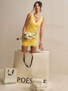 Poéselle Đầm ngắn không tay cổ chữ V buộc dây hở lưng màu trơn dành cho nữ - Màu vàng - Xem 8