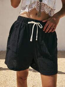 SoleilVie Quần short nữ mùa hè cạp cao, lưng thun, màu mơ, thiết kế dây rút, túi bên hông, vải cotton dệt nhăn mềm mại, kiểu dáng chữ A cơ bản, trang phục thường ngày thoải mái, trang phục mùa hè, quần short nữ thường ngày đa năng và thời trang, quần short đen che ngoài, quần short đen nữ, quần short vải muslin nữ, bộ quần short đen cho nữ, quần short che ngoài đồ bơi, trang phục đi biển cho nữ. - màu đen - Xem 4