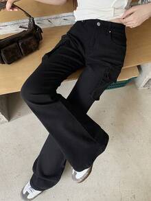 DAZY Women's Street Fashion Utility Pocket Flare Leg Jeans - Black - View 4