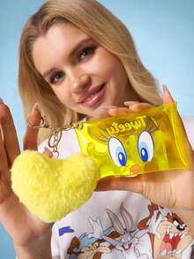 LOONEY TUNES X SHEIN 1个透明PVC卡通印花零钱包，配有硬币夹，饰有毛球图案，带有挂钩，可存放硬币、卡片、口红和其他小物件，适合男女学生使用，图案为崔弟鸟 - 黃色 - 查看 2