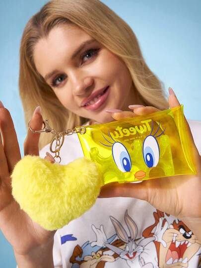 LOONEY TUNES X SHEIN 1 Transparent Pvc Cartoon Printed Change Bag, Equipped With Coin Clip, Love Hairball Decoration, Equipped With Hooks To Hang On The Bag, Can Store Coins, Cards, Lipstick And Other Small Items, Suitable For Women And Men Students, Tweety Bird