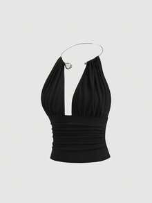 Sweetra Áo croptop xếp ly cổ choker kim loại thời trang, phong cách gothic tối màu đa năng cho kỳ nghỉ hè của phụ nữ. - màu đen - Xem 1