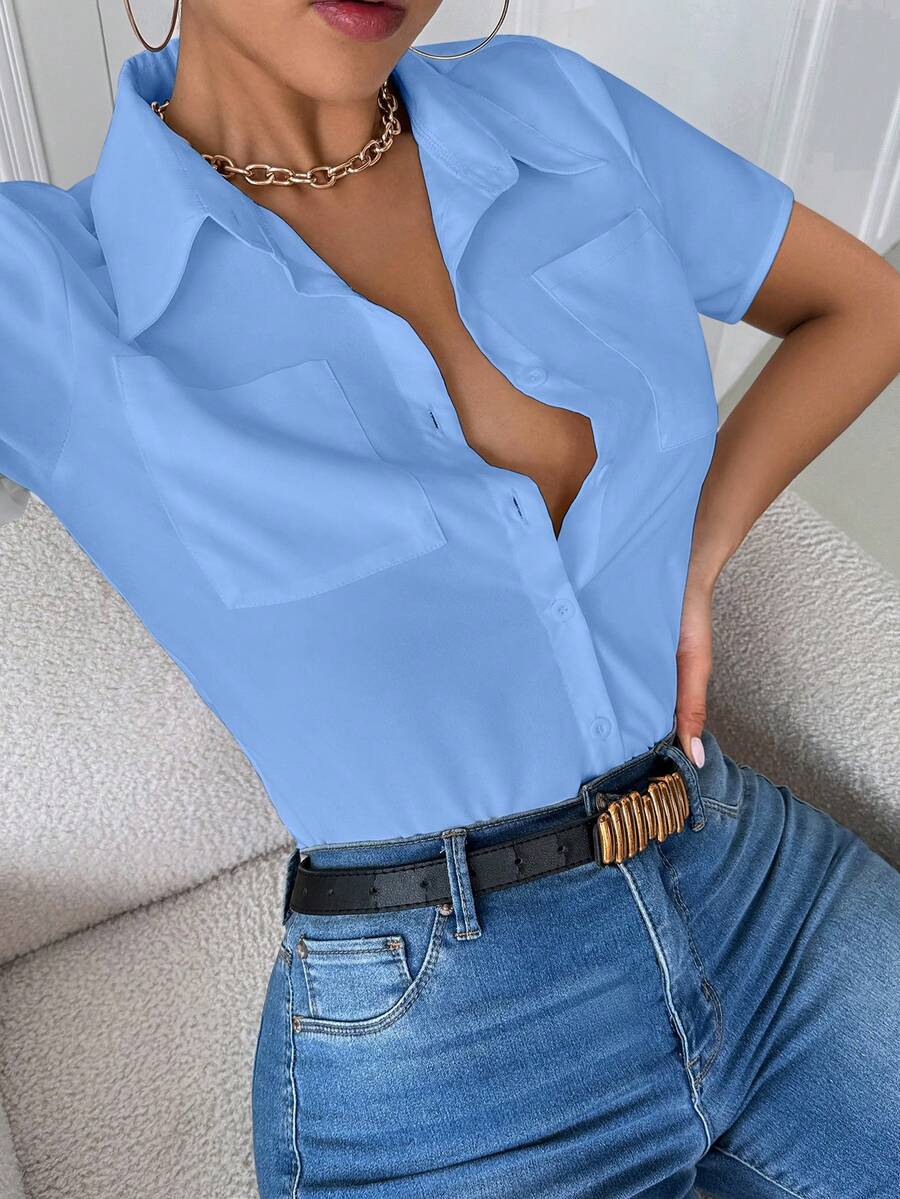 Airaco 女士休闲长袖领口袋修身衬衫白色 - 藍色 - 查看 1