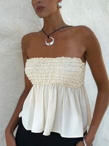 Siren Gaze Women Strapless Smocked Bodice Flared Hem Sleeveless Top, Summer Ladies Casual Wear, Ruffle Trim Strapless Top, Tube Top, Baby Doll Top, Summer Clothes Babydoll Tops Women White Strapless Top Dress Top Summer Tube Top Babydoll Tops For Women Tops For Women For Summer Beautiful Top Beautiful Tops For Women - Apricot - View 3