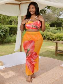 Slaydiva Plus Size Women Summer Beach Floral Print Casual Bikini And Triangle Panty Swimwear Set With Skirt - Orange - View 4