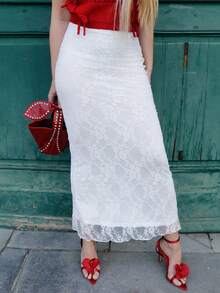 Elenary Edit Bridesmaid Skirt Vacation Solid Color Lace Skirt For Women Fall Women Party Dinner Skirt, Elegant Skirt For Women, For Autumn And Winter - White - View 3