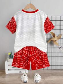 SHEIN Set Kaos Kasual Sederhana untuk Anak Laki-Laki, Motif Karakter Pahlawan Laba-laba Klasik, Motif Jaring Laba-laba, Cocok untuk Musim Semi dan Musim Panas - MultiWarna - View 5