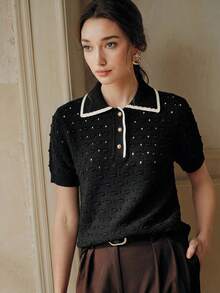 Anewsta Áo dệt kim màu ngà voi kiểu Pháp thanh lịch, họa tiết đồng xu cổ điển, chất liệu móc 3D, cúc vàng rỗng, thích hợp cho mùa xuân/hè. - màu đen - Xem 7