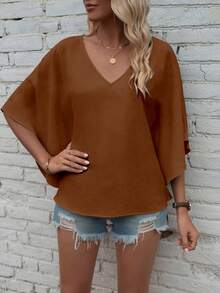 EMERY ROSE Women's Solid Color V-Neck Batwing Sleeve Loose Blouse - Coffee Brown - View 7
