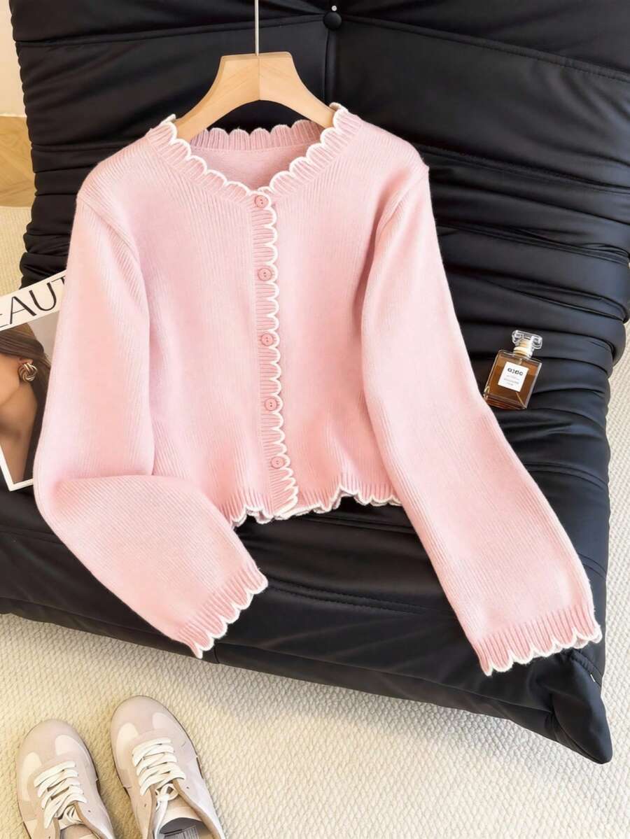 SHEIN Franclia French Romantic Color Block Ruffle Trim Cardigan, Suitable For Commuting - Pink - View 1