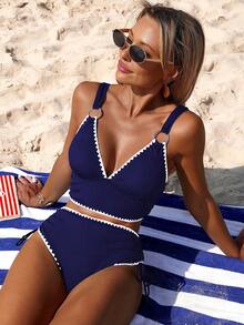 Swim Lushoire Bộ bikini nữ mùa hè, kiểu dáng thường ngày, chất liệu vải dệt họa tiết, phối màu tương phản, móc len, có khoen kim loại, cạp cao, quần short và áo hai dây. - Màu xanh hải quân - Xem 5