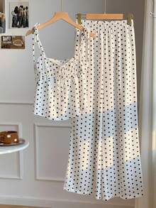 Comfortcana 大码女式休闲波点印花吊带背心和裤子两件套，可爱波点两件套，适合夏季和万圣节 - 白色 - 查看 5