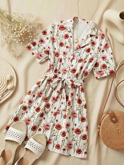 Franclia White Base Floral Print Lapel Short Sleeve Tie-Waist Split Hem Shirt Dress For Women