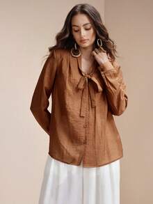 Arave Women's Loose Fit V-Neck Pleated Flowy Tie Design Casual Commuter Blouse - Coffee Brown - View 3