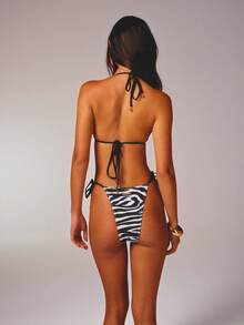 Aralina 3 Piece Soft Shine Zebra Printed Tri Slider And Tie Side Bikini Spring Swim Vacation Beach Bikini Set Three Piece Set With Swim Bag - Black and White - View 2