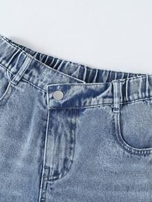 Tween Girl Y2K Style Vintage Washed Blue Asymmetric Waist Loose Wide Leg Jeans, Suitable For Everyday Wear Summer - Light Wash - View 6