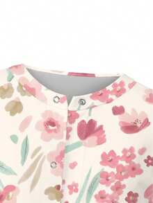 PopScrub Tulip Floral Print Scrub Jacket,Women Summer Nurse Uniform Top,Spring Botanical Pattern Light Pink Cardigan,Schoolgirl,Work  Hanging Earrings Design - Multicolor - View 5