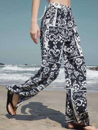 Aveloria Modichic Abstract Floral Print Contrast Color High-Waisted Loose Straight Wide-Leg Pants, Polyester Fabric, Soft Drape, Suitable For Office, Daily Wear, Art Exhibitions, Casual Gatherings And Vacations, Showcasing Fashionable Personalized And Elegant Confidence