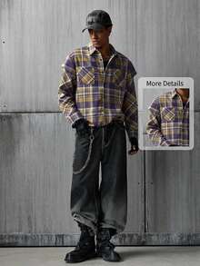 NEON BLANC Men's Plaid Print Patch Pocket Front Button Casual Long Sleeve Shirt - Brown - View 6