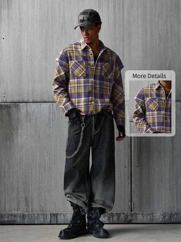 NEON BLANC Men's Plaid Print Patch Pocket Front Button Casual Long Sleeve Shirt