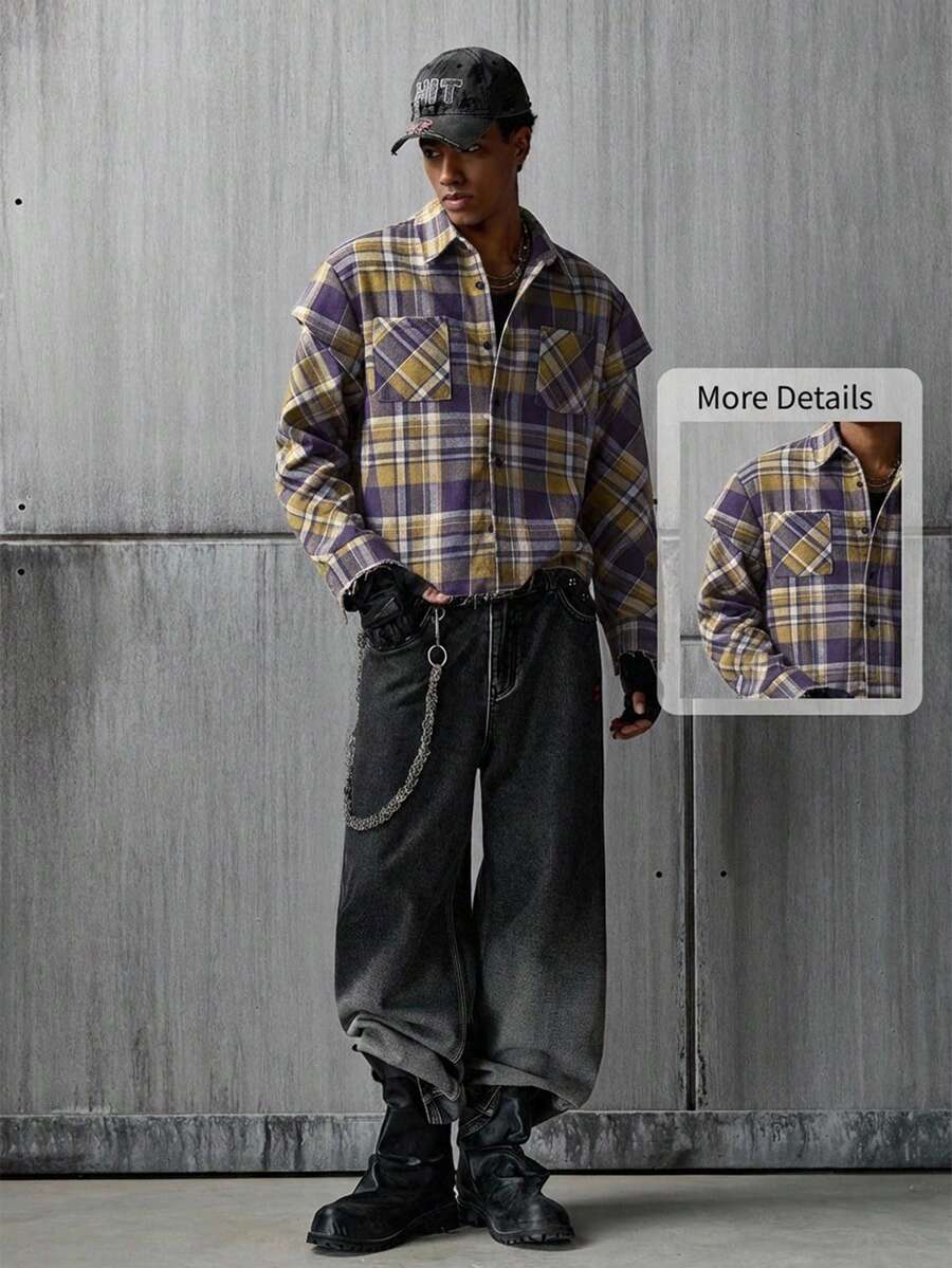 NEON BLANC Áo sơ mi nam dài tay in họa tiết kẻ caro, có túi vá, cài cúc phía trước, kiểu dáng thường ngày. - màu nâu - Xem 1