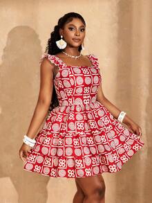 Lunelith SHEIN Lunessa Women's Graphic Print Ruffle Trim Square Neck Casual Dress - Red - View 1