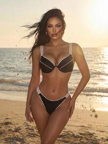 Swim SXY Conjunto sexy de bikini con flecos para vacaciones en la playa de mujer, sin relleno pero con aro de soporte - Negro - Ver 2