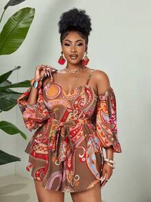 Maweii Plus Size Digital Print Elegant Off-Shoulder Backless Jumpsuit - Brown - View 3