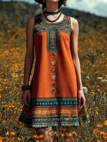 Voyazaga Spring/Summer New Arrivals -Inspired Retro Print Casual Comfortable Sleeveless Round Neck Pullover Loose Mid-Length Plus Size Women's Dress - Multicolor - View 1