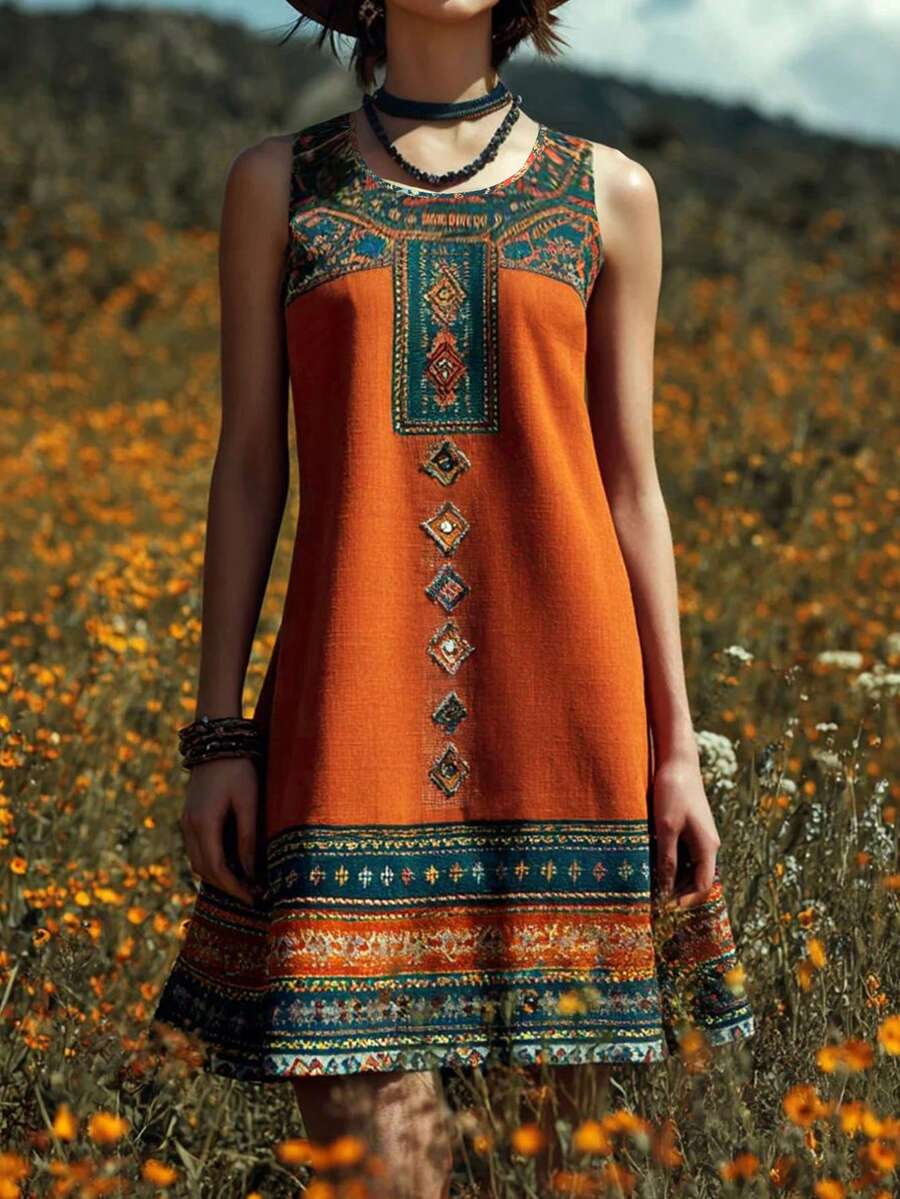 Voyazaga Spring/Summer New Arrivals -Inspired Retro Print Casual Comfortable Sleeveless Round Neck Pullover Loose Mid-Length Plus Size Women's Dress - Multicolor - View 1