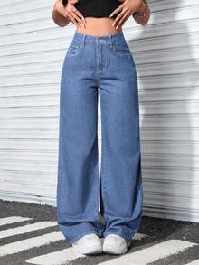 SHEIN ICON Quần jeans nữ cỡ lớn, màu trơn, túi xéo, kiểu dáng thường ngày, thu đông. - Màu xanh lam - Xem 1