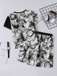 SHEIN Coolqubz Tween BoyLoose Casual Vacation Asymmetrical Striped Short Sleeve T-Shirt And Woven Shorts 2 Pieces Set - Black - View 2