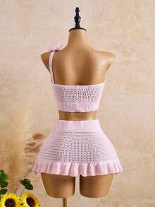 Bellisia Women's Vacation Ruffled One Shoulder Hollow Out Cover Up And Skirt Set - Pink - View 2