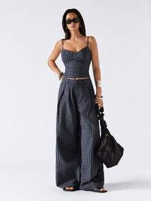 LYSMO 女士格子短款吊带背心和阔腿裤休闲两件套 - 墨綠色 - 查看 3