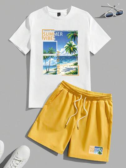 VIVINTIMO Bộ áo thun nam cỡ lớn, áo thun dệt kim màu trắng dáng rộng phối với quần short màu vàng, thích hợp cho mặc thường ngày và đi nghỉ mát ở bãi biển.
