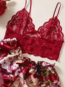 Floral Print Bow Front Lace Lingerie Set - Burgundy - View 5