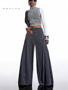 LYSMO Petite 女士纯色褶裥阔腿裤，适合通勤 - 灰色 - 查看 7