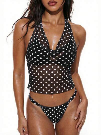 Oceva Ensemble de maillot de bain 2 pièces à pois, idéal pour les vacances de plage printemps/été : haut à fines bretelles et bas de bikini triangle imprimé noir et blanc.
