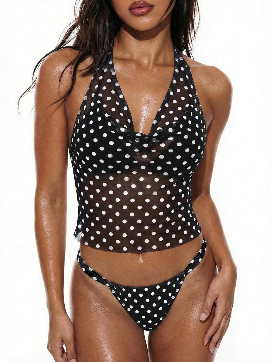 Oceva Hot Selling Spring/Summer Beach Vacation Polka Dot Print Spaghetti Strap Tie Top + Black & White Original Print Triangle Bikini Bottom 2 Piece Swimsuit Set - Black and White - View 1