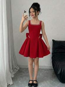 SHEIN Tween Girl Elegant Square Neck Sleeveless Pearl Decor Dress Tween Girl - Red - View 3