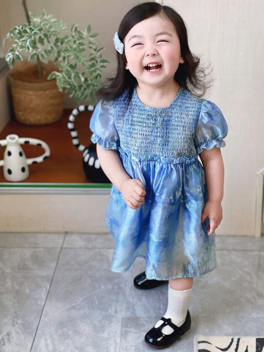 Dazy Kids Đầm tay ngắn cổ tròn phối màu ombre cho bé gái - Màu xanh lam - Xem 1
