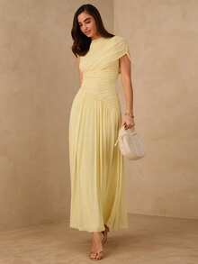 Enchnt Vestido midi de cintura alta con cuello asimétrico y cintura fruncida - Amarillo - Ver 6