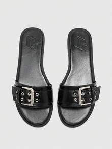 CUCCOO BIZCHIC 春夏新款户外女士平底拖鞋，圆头金属扣简约黑色凉鞋，女士厚底防滑休闲百搭沙滩鞋 - 黑色 - 查看 5