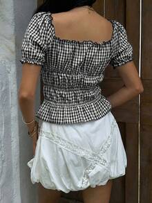 Sunnyshic 女士休闲格子衬衫，腰间系带，饰有蝴蝶结 - 黑色 - 查看 2